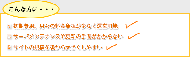 こんな方に…【①初期費用、月々の料金負担が少なく運営可能　②サーバメンテナンスや更新の手間がかからない　③サイトの規模を後から大きくしやすい】